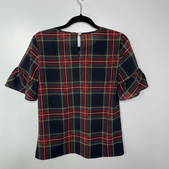 J. Crew Blouse Plaid Short Sleeves Ruffle Dark Academia School Girl Preppy XS - Picture 8 of 10